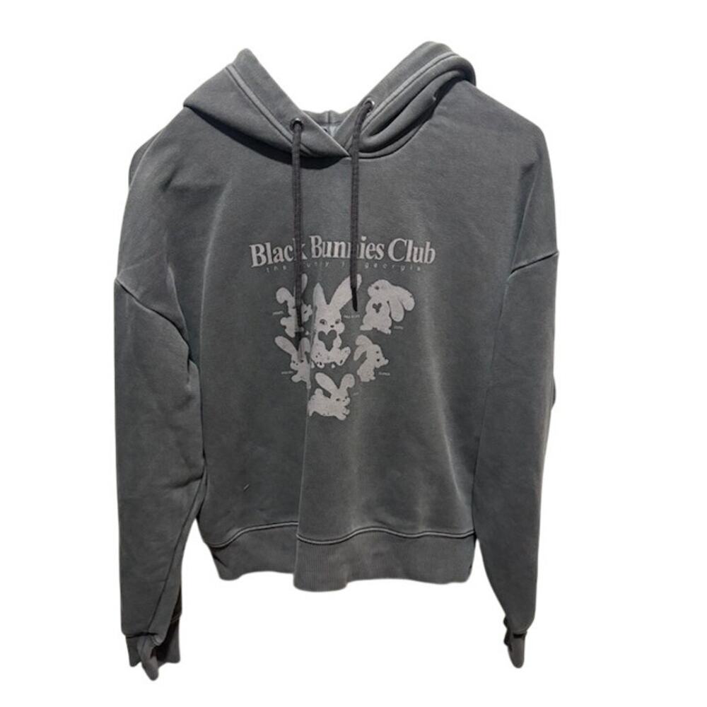 SPAO Black Bunnies Club Cropped Hoodie Large Gray Boxy Korean Acubi Y2K Kawaii